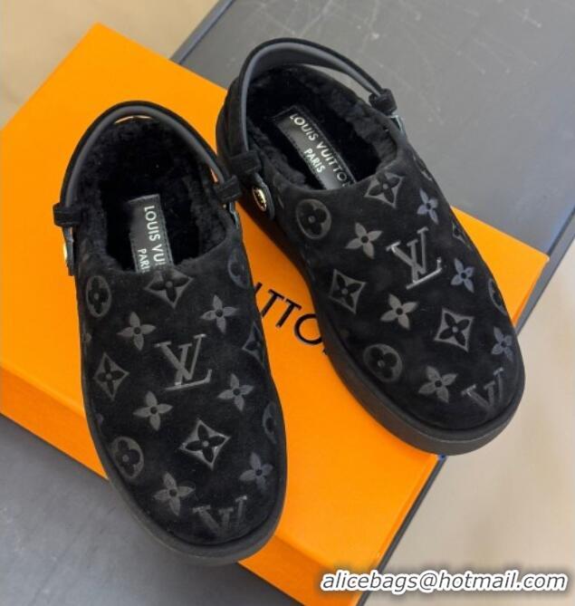 Grade Quality Louis Vuitton Aspen Platform Clog Mules in Monogram Suede and Shearling Black 204064