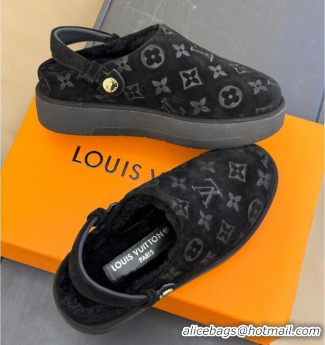 Grade Quality Louis Vuitton Aspen Platform Clog Mules in Monogram Suede and Shearling Black 204064