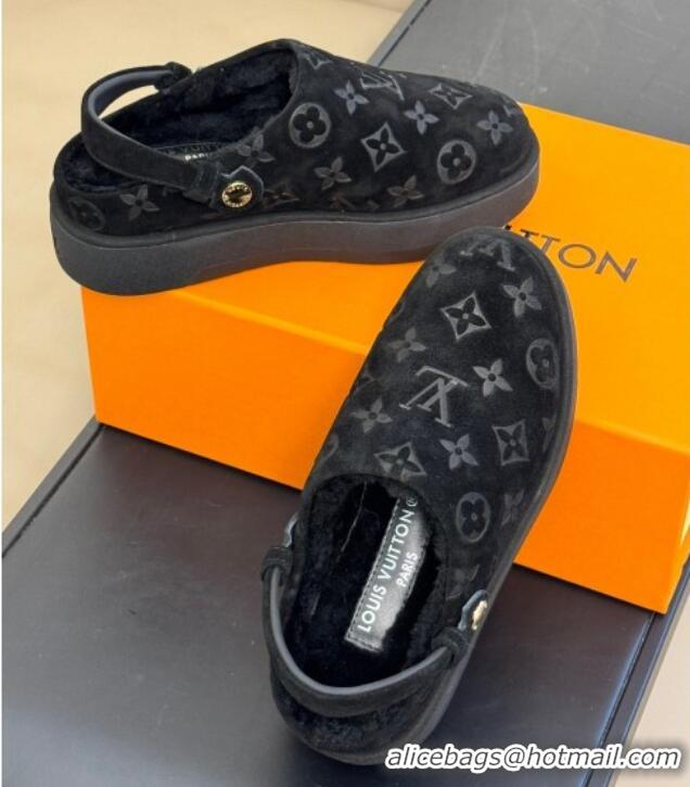 Grade Quality Louis Vuitton Aspen Platform Clog Mules in Monogram Suede and Shearling Black 204064