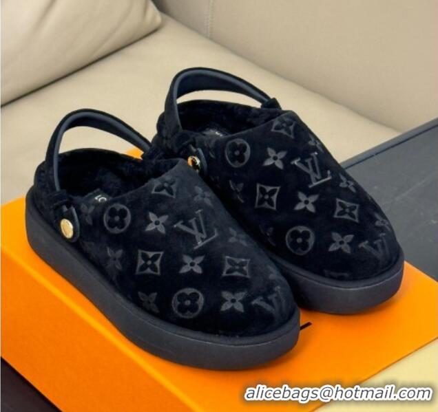 Grade Quality Louis Vuitton Aspen Platform Clog Mules in Monogram Suede and Shearling Black 204064