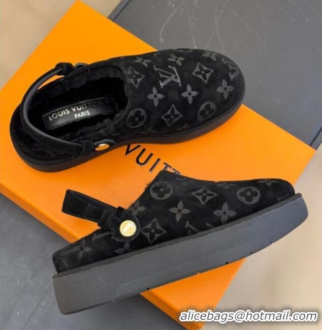 Grade Quality Louis Vuitton Aspen Platform Clog Mules in Monogram Suede and Shearling Black 204064