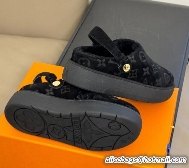 Grade Quality Louis Vuitton Aspen Platform Clog Mules in Monogram Suede and Shearling Black 204064