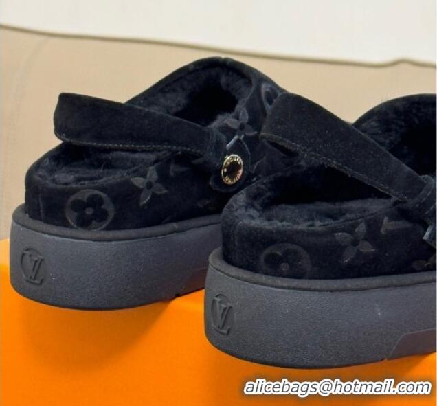 Grade Quality Louis Vuitton Aspen Platform Clog Mules in Monogram Suede and Shearling Black 204064