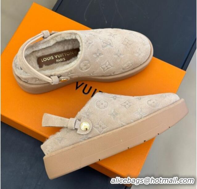 Hot Style Louis Vuitton Aspen Platform Clog Mules in Monogram Suede and Shearling Beige 204065