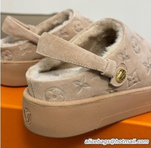 Hot Style Louis Vuitton Aspen Platform Clog Mules in Monogram Suede and Shearling Beige 204065