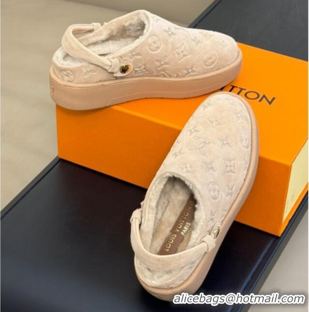 Hot Style Louis Vuitton Aspen Platform Clog Mules in Monogram Suede and Shearling Beige 204065