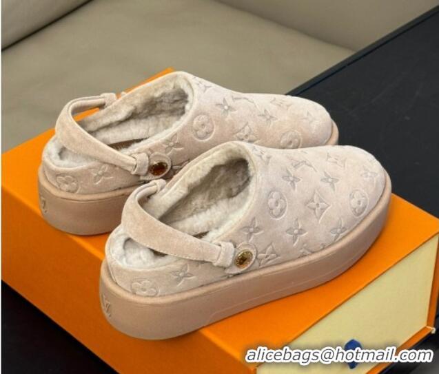 Hot Style Louis Vuitton Aspen Platform Clog Mules in Monogram Suede and Shearling Beige 204065