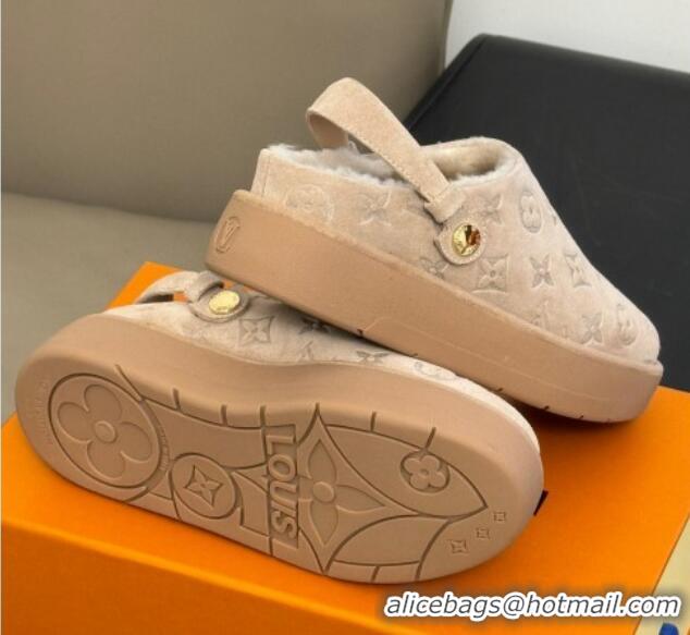 Hot Style Louis Vuitton Aspen Platform Clog Mules in Monogram Suede and Shearling Beige 204065