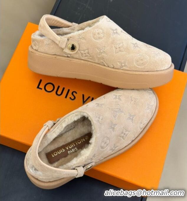 Hot Style Louis Vuitton Aspen Platform Clog Mules in Monogram Suede and Shearling Beige 204065