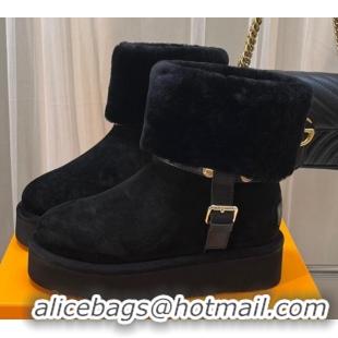 Buy Luxury Louis Vuitton Aspen Platform Ankle Boots in Monogram Suede and Shearling Black 204066