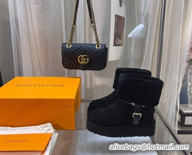 Buy Luxury Louis Vuitton Aspen Platform Ankle Boots in Monogram Suede and Shearling Black 204066