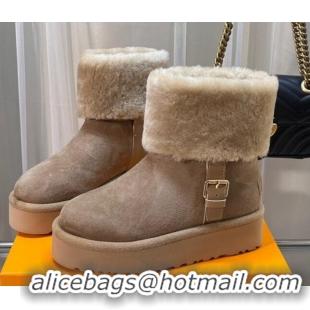 Perfect Louis Vuitton Aspen Platform Ankle Boots in Monogram Suede and Shearling Dark Beige 204067