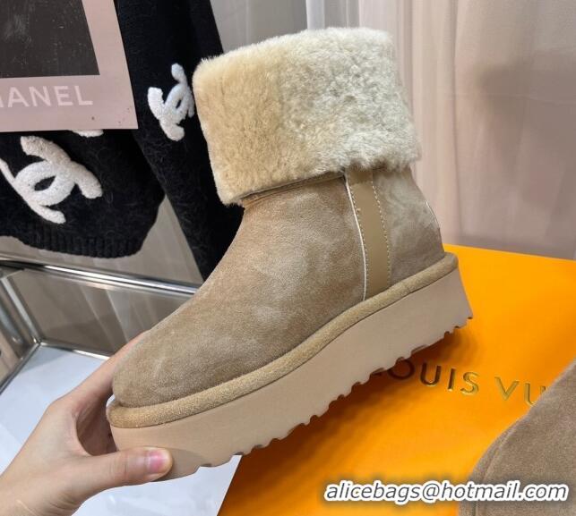 Perfect Louis Vuitton Aspen Platform Ankle Boots in Monogram Suede and Shearling Dark Beige 204067