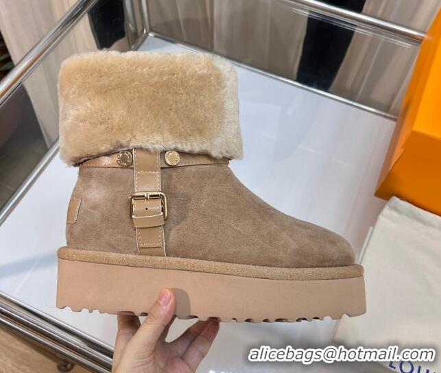 Perfect Louis Vuitton Aspen Platform Ankle Boots in Monogram Suede and Shearling Dark Beige 204067