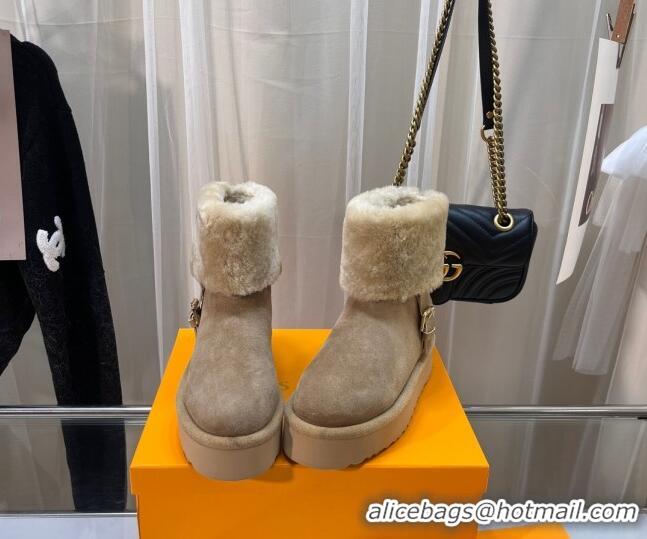 Perfect Louis Vuitton Aspen Platform Ankle Boots in Monogram Suede and Shearling Dark Beige 204067