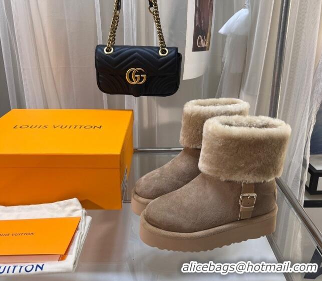 Perfect Louis Vuitton Aspen Platform Ankle Boots in Monogram Suede and Shearling Dark Beige 204067