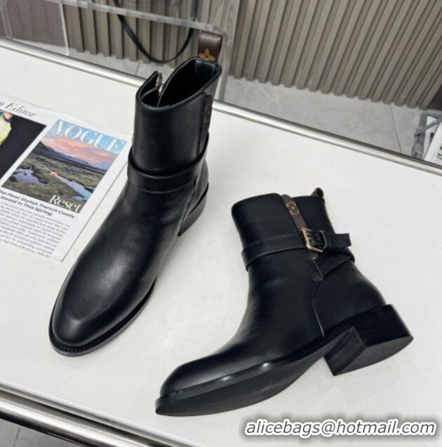 Low Cost Louis Vuitton LV Bootsy Flat Ankle Boots in Black Calf Leather with Strap Buckle 218025 