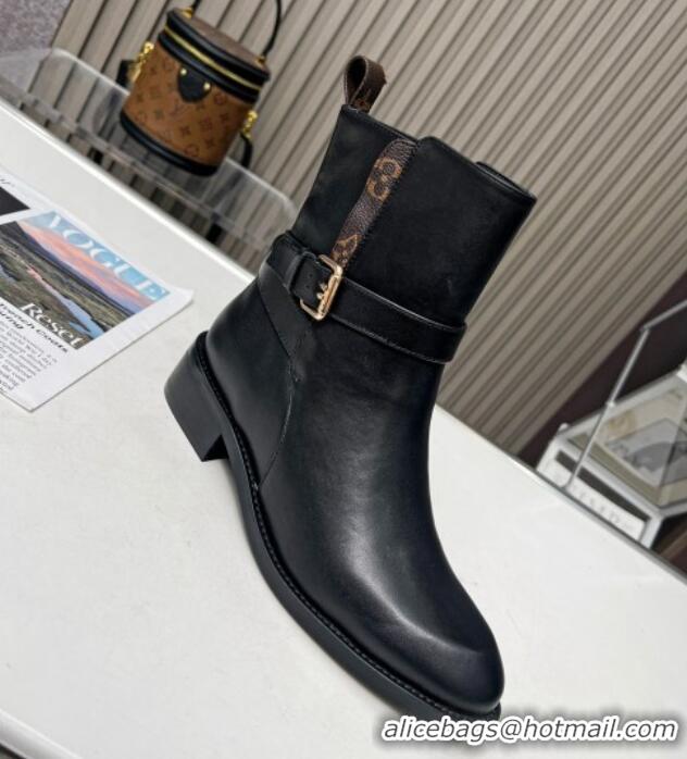 Low Cost Louis Vuitton LV Bootsy Flat Ankle Boots in Black Calf Leather with Strap Buckle 218025 