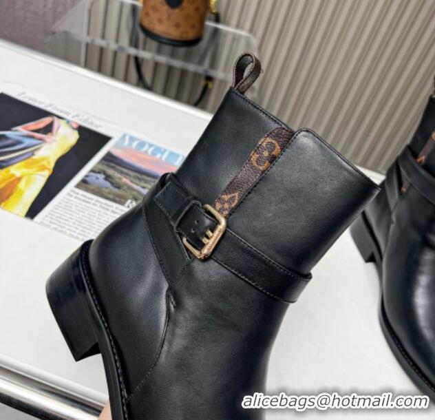 Low Cost Louis Vuitton LV Bootsy Flat Ankle Boots in Black Calf Leather with Strap Buckle 218025 