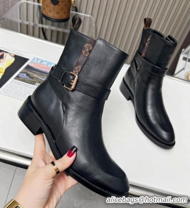 Low Cost Louis Vuitton LV Bootsy Flat Ankle Boots in Black Calf Leather with Strap Buckle 218025 