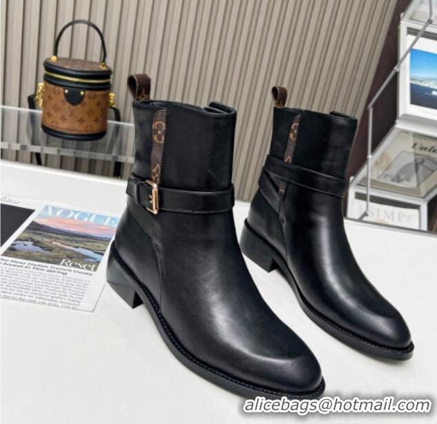 Low Cost Louis Vuitton LV Bootsy Flat Ankle Boots in Black Calf Leather with Strap Buckle 218025 