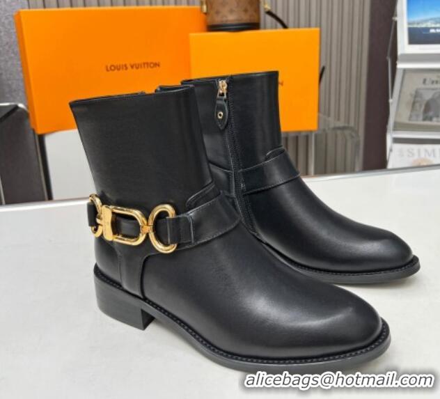 Stylish Louis Vuitton Westside Flat Ankle Boots in Black Calf Leather with Hook Chain 218026