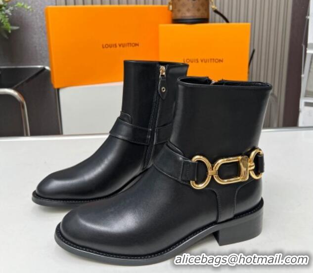 Stylish Louis Vuitton Westside Flat Ankle Boots in Black Calf Leather with Hook Chain 218026