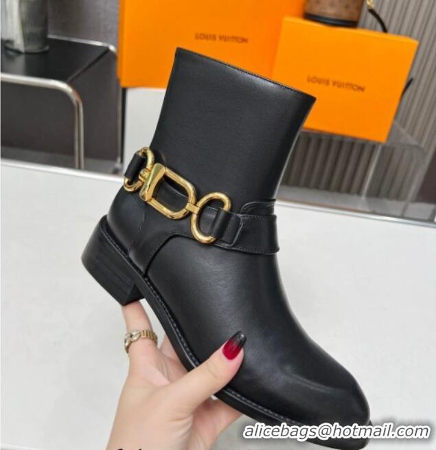 Stylish Louis Vuitton Westside Flat Ankle Boots in Black Calf Leather with Hook Chain 218026