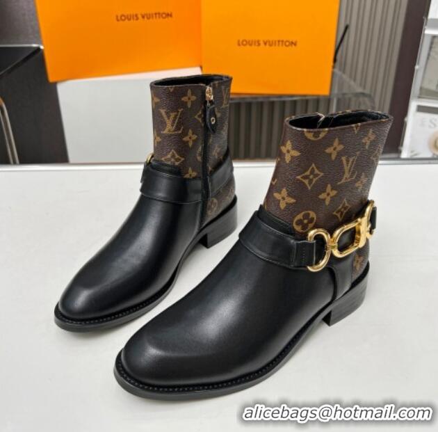 Lower Price Louis Vuitton Westside Flat Ankle Boots in Black Leather and Monogram Canavs with Hook Chain 218027