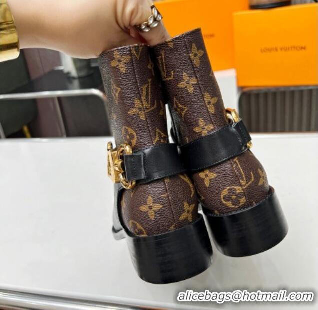 Lower Price Louis Vuitton Westside Flat Ankle Boots in Black Leather and Monogram Canavs with Hook Chain 218027