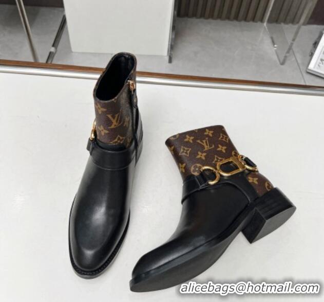 Lower Price Louis Vuitton Westside Flat Ankle Boots in Black Leather and Monogram Canavs with Hook Chain 218027