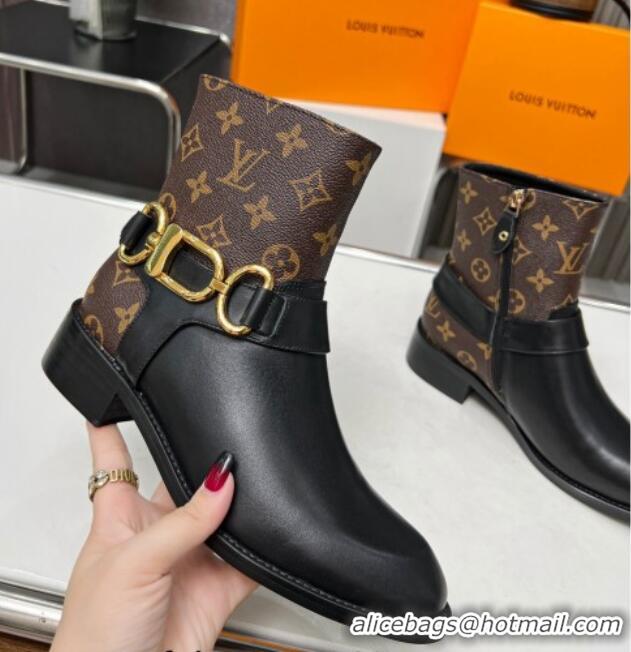 Lower Price Louis Vuitton Westside Flat Ankle Boots in Black Leather and Monogram Canavs with Hook Chain 218027