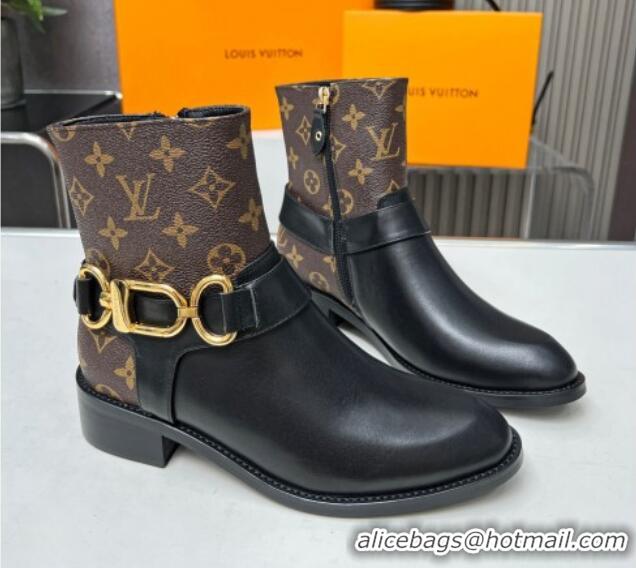 Lower Price Louis Vuitton Westside Flat Ankle Boots in Black Leather and Monogram Canavs with Hook Chain 218027