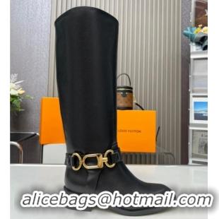 Grade Louis Vuitton Westside Flat High Boots in Black Calf Leather with Hook Chain 218028