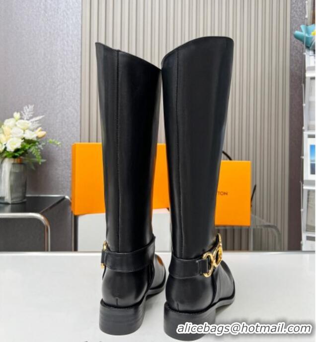 Grade Louis Vuitton Westside Flat High Boots in Black Calf Leather with Hook Chain 218028