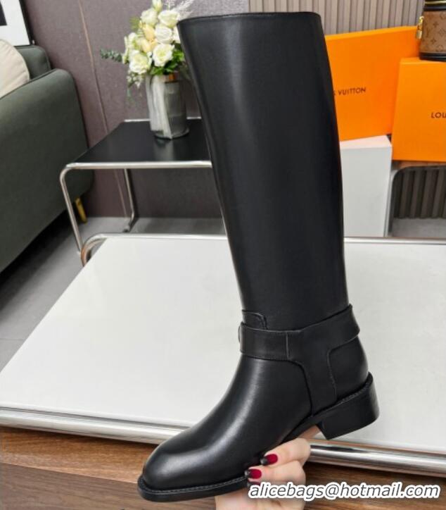 Grade Louis Vuitton Westside Flat High Boots in Black Calf Leather with Hook Chain 218028