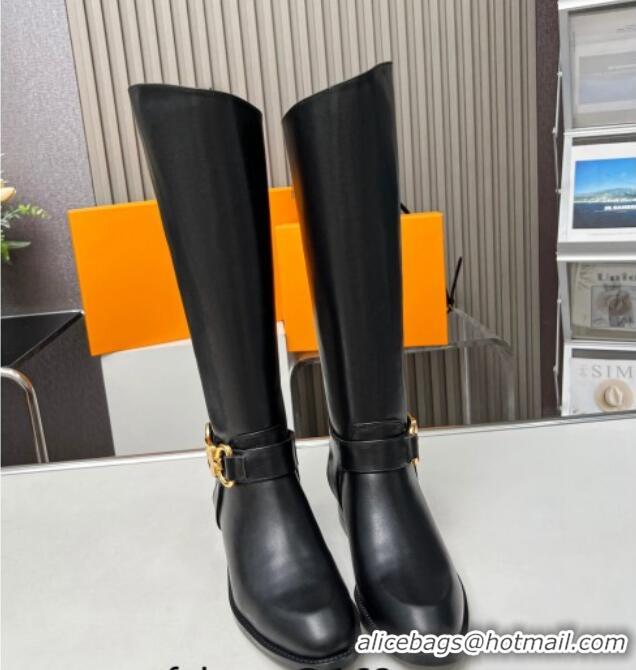 Grade Louis Vuitton Westside Flat High Boots in Black Calf Leather with Hook Chain 218028