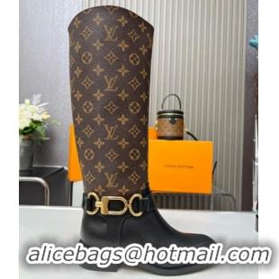 Stylish Louis Vuitton Westside Flat High Boots in Black Leather and Monogram Canvas with Hook Chain 218029