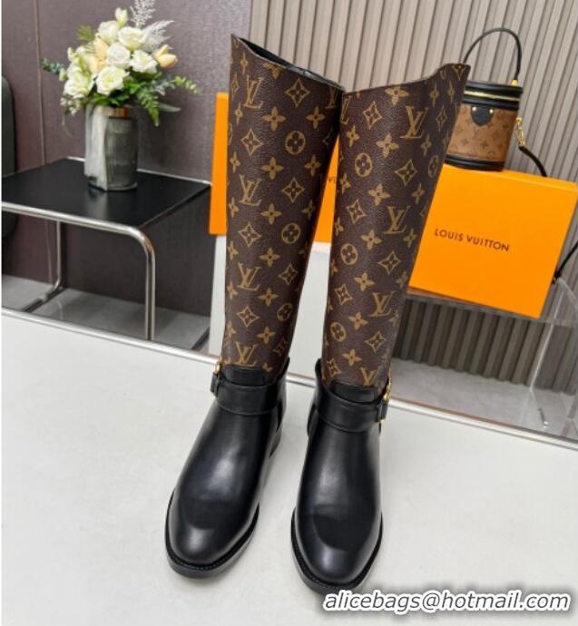 Stylish Louis Vuitton Westside Flat High Boots in Black Leather and Monogram Canvas with Hook Chain 218029