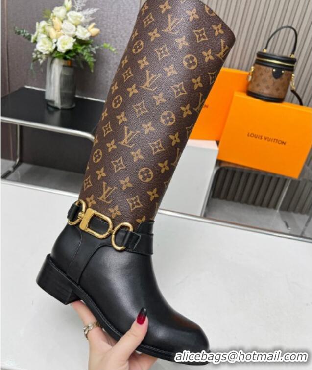 Stylish Louis Vuitton Westside Flat High Boots in Black Leather and Monogram Canvas with Hook Chain 218029