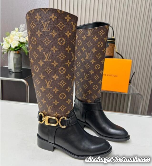 Stylish Louis Vuitton Westside Flat High Boots in Black Leather and Monogram Canvas with Hook Chain 218029