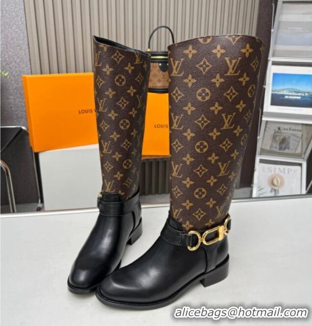 Stylish Louis Vuitton Westside Flat High Boots in Black Leather and Monogram Canvas with Hook Chain 218029