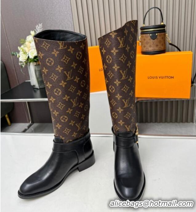 Stylish Louis Vuitton Westside Flat High Boots in Black Leather and Monogram Canvas with Hook Chain 218029