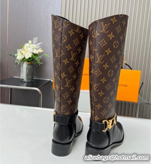 Stylish Louis Vuitton Westside Flat High Boots in Black Leather and Monogram Canvas with Hook Chain 218029