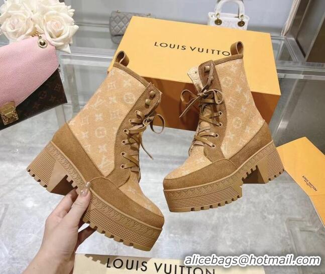 Luxury Louis Vuitton Laureate Platform Desert Ankle Boots in Monogram Wool Apricot 218030