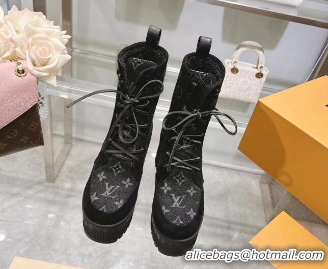 Inexpensive Louis Vuitton Laureate Platform Desert Ankle Boots in Monogram Wool Grey/Black 218031