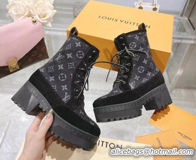 Inexpensive Louis Vuitton Laureate Platform Desert Ankle Boots in Monogram Wool Grey/Black 218031