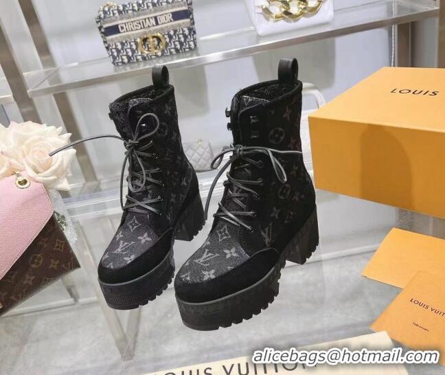 Inexpensive Louis Vuitton Laureate Platform Desert Ankle Boots in Monogram Wool Grey/Black 218031