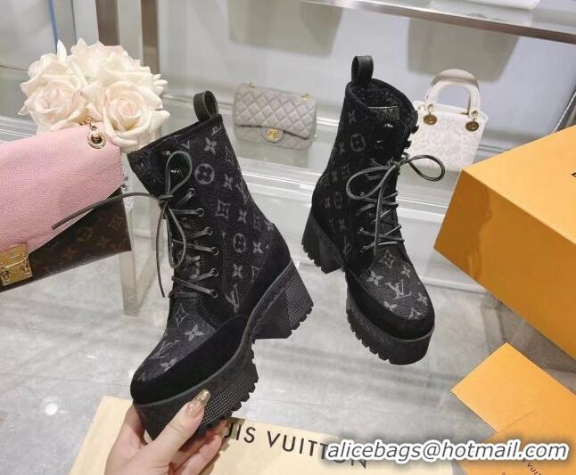 Inexpensive Louis Vuitton Laureate Platform Desert Ankle Boots in Monogram Wool Grey/Black 218031