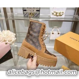 Buy Discount Louis Vuitton Laureate Platform Desert Ankle Boots in Brown Suede and Monogram Canvas 218032